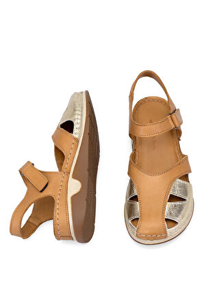 Elit RhmM-01 Kadın Hakiki Deri Ortopedik Düz Sandalet Taba