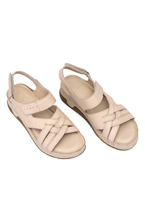 Elit RhmM-04 Kadın Hakiki Deri Ortopedik Düz Sandalet Bej