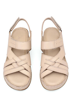 Elit RhmM-04 Kadın Hakiki Deri Ortopedik Düz Sandalet Bej