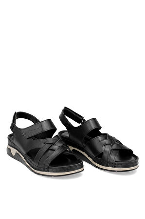 Elit RhmM-04 Kadın Hakiki Deri Ortopedik Düz Sandalet Siyah