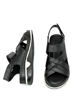 Elit RhmM-04 Kadın Hakiki Deri Ortopedik Düz Sandalet Siyah