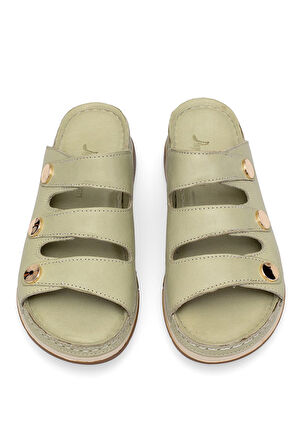 Elit RhmM-15 Kadın Hakiki Deri Ortopedik Düz Terlik Yeşil