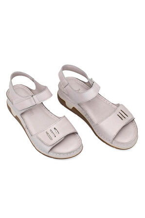 Elit RhmM-22 Kadın Hakiki Deri Ortopedik Düz Sandalet Gri