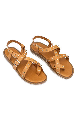 Elit Oriana Kadın Hakiki Deri Düz Sandalet Taba