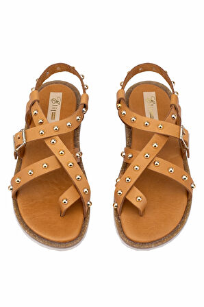 Elit Oriana Kadın Hakiki Deri Düz Sandalet Taba