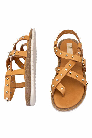 Elit Oriana Kadın Hakiki Deri Düz Sandalet Taba