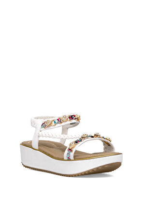 Guja 25Y121-4 Kadın Taşlı Düz Sandalet Beyaz