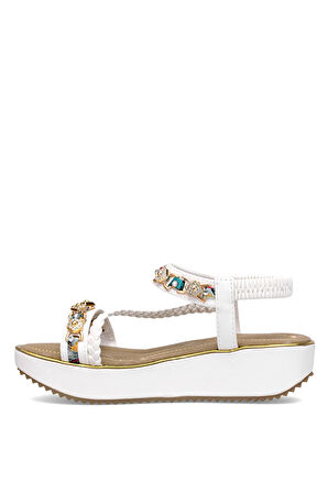 Guja 25Y121-4 Kadın Taşlı Düz Sandalet Beyaz