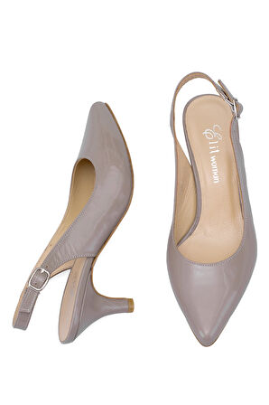 Elit Eleonora Kadın Hakiki Rugan Deri Tokalı Klasik Topuklu Ayakkabı Vizon