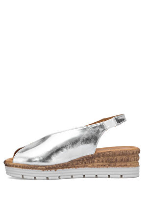 Elit Zeyn8094 Kadın Hakiki Deri Ortopedik Dolgu Topuk Sandalet Gümüş