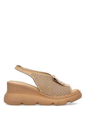 Elit Zeyn 8067 Kadın Hakiki Deri Dolgu Topuk Sandalet Camel