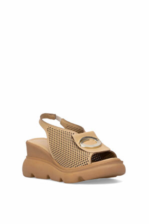 Elit Zeyn 8067 Kadın Hakiki Deri Dolgu Topuk Sandalet Camel