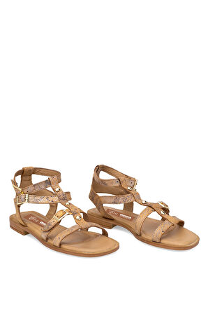 Elit Talia Kadın Hakiki Deri Düz Sandalet Taba