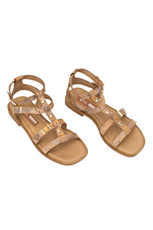 Elit Talia Kadın Hakiki Deri Düz Sandalet Taba