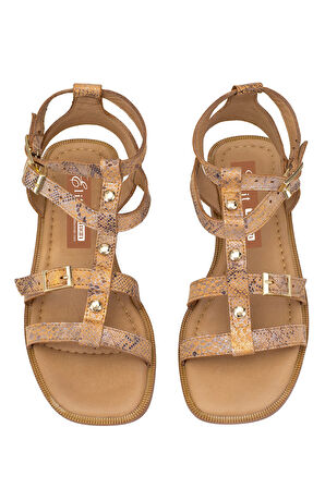 Elit Talia Kadın Hakiki Deri Düz Sandalet Taba