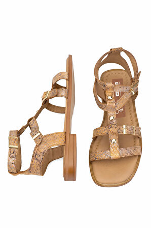 Elit Talia Kadın Hakiki Deri Düz Sandalet Taba