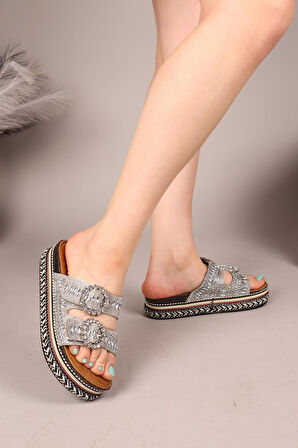 Elit BTBSJ02 Kadın Taşlı Düz Terlik  Gümüş