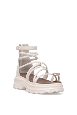 Voyager B119 Kadın Hakiki Deri Düz Sandalet Krem