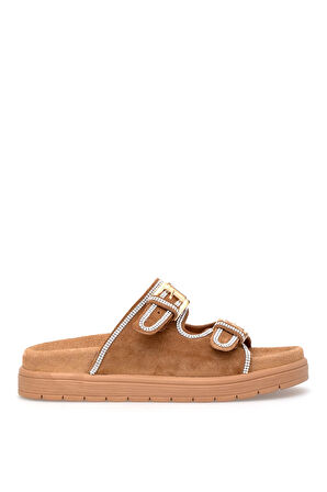 Elit Zeyn8144S Kadın Hakiki Nubuk Deri Ortopedik Taşlı Düz Terlik Taba