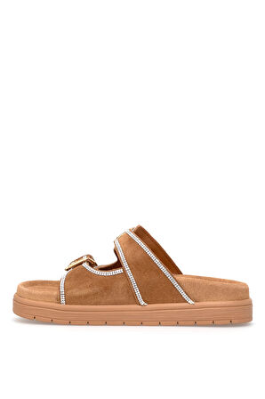 Elit Zeyn8144S Kadın Hakiki Nubuk Deri Ortopedik Taşlı Düz Terlik Taba