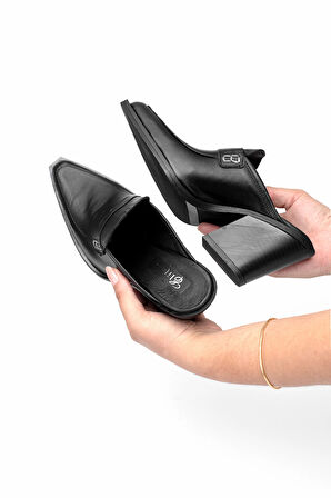 Elit Sienna Kadın Hakiki Deri Topuklu Terlik Siyah