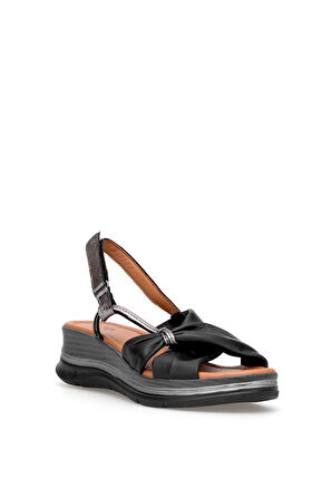 Elit Zeyn 8066 Kadın Hakiki Deri Dolgu Topuk Sandalet Siyah