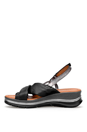 Elit Zeyn 8066 Kadın Hakiki Deri Dolgu Topuk Sandalet Siyah