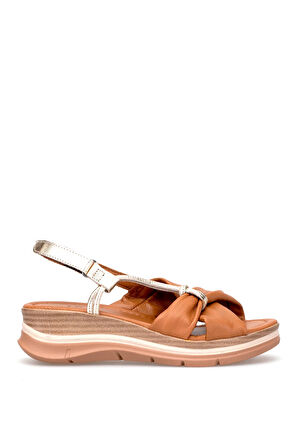 Elit Zeyn 8066 Kadın Hakiki Deri Dolgu Topuk Sandalet Taba