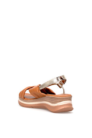 Elit Zeyn 8066 Kadın Hakiki Deri Dolgu Topuk Sandalet Taba