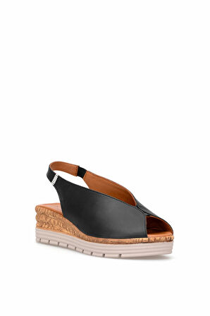 Elit Zeyn8094 Kadın Hakiki Deri Ortopedik Dolgu Topuk Sandalet Siyah