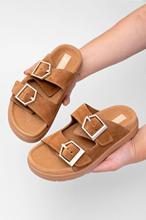 Elit Amoretta Kadın Hakiki Deri Düz Terlik Taba