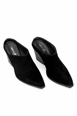 Elit Vega Kadın Hakiki Nubuk Deri Ortopedik Topuklu Terlik Siyah