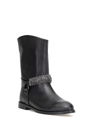 Elit Selindra Kadın Hakiki Deri Düz Bot Siyah