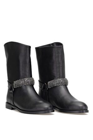 Elit Selindra Kadın Hakiki Deri Düz Bot Siyah