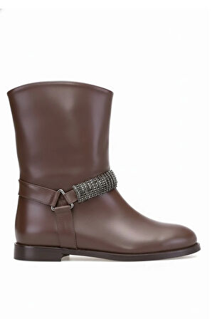 Elit Selindra Kadın Hakiki Deri Düz Bot Kahverengi