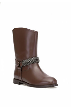 Elit Selindra Kadın Hakiki Deri Düz Bot Kahverengi