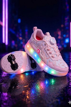 Elit EYL034 Kız Çocuk RGB LED Işıklı Çıkarılabilir Tekerlekli PATEN Ayakkabı Pudra
