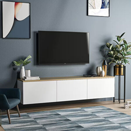 Neon Duvara Monte 3 Kapaklı TV Sehpası – 160 cm – Minimal Tasarım, Beyaz/Safir Meşe