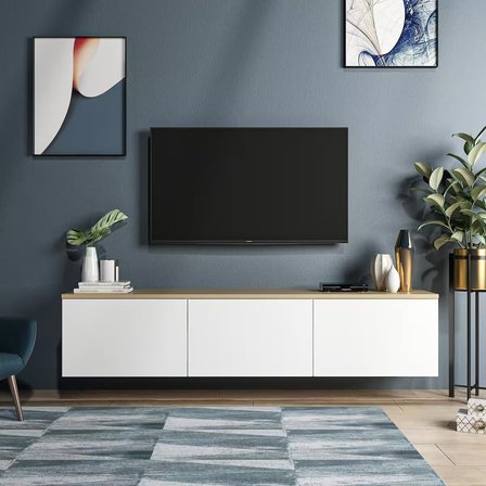 Neon Duvara Monte 3 Kapaklı TV Sehpası – 160 cm – Minimal Tasarım, Beyaz/Safir Meşe