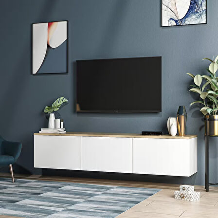 Neon Duvara Monte 3 Kapaklı TV Sehpası – 160 cm – Minimal Tasarım, Beyaz/Safir Meşe