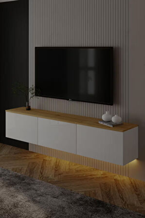 Neon Duvara Monte 3 Kapaklı TV Sehpası – 160 cm – Minimal Tasarım, Beyaz/Safir Meşe