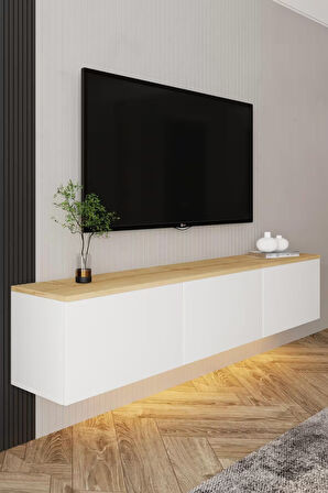 Neon Duvara Monte 3 Kapaklı TV Sehpası – 160 cm – Minimal Tasarım, Beyaz/Safir Meşe