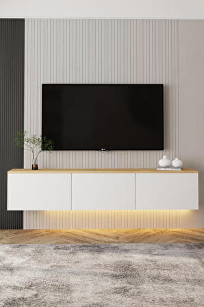 Neon Duvara Monte 3 Kapaklı TV Sehpası – 160 cm – Minimal Tasarım, Beyaz/Safir Meşe