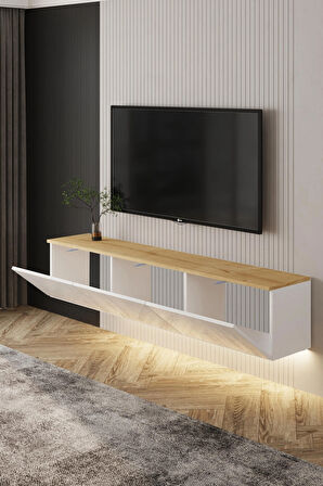 Neon Duvara Monte 3 Kapaklı TV Sehpası – 160 cm – Minimal Tasarım, Beyaz/Safir Meşe