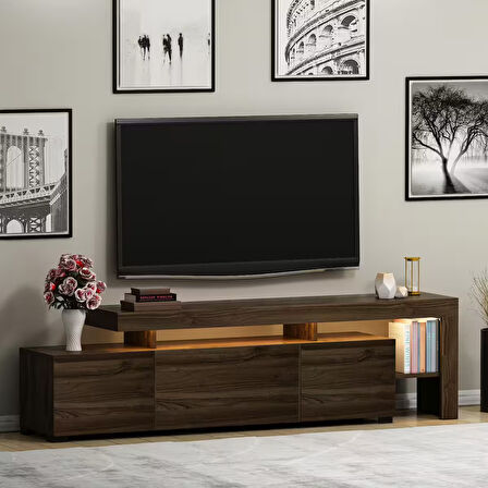 Beliz Modern LED Işıklı 3 Kapaklı, Raflı TV Sehpası – 192 cm, Ceviz