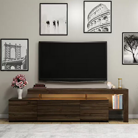 Beliz Modern LED Işıklı 3 Kapaklı, Raflı TV Sehpası – 192 cm, Ceviz