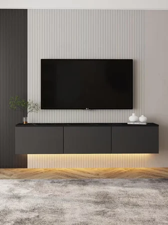 Neon Duvara Monte 3 Kapaklı TV Sehpası – 160 cm – Minimal Tasarım, Antrasit/Mermer Desen