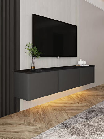 Neon Duvara Monte 3 Kapaklı TV Sehpası – 160 cm – Minimal Tasarım, Antrasit/Mermer Desen