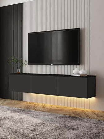 Neon Duvara Monte 3 Kapaklı TV Sehpası – 160 cm – Minimal Tasarım, Antrasit/Mermer Desen
