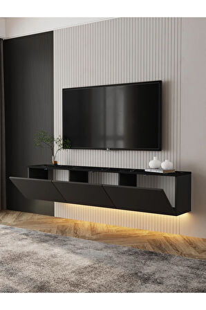 Neon Duvara Monte 3 Kapaklı TV Sehpası – 160 cm – Minimal Tasarım, Antrasit/Mermer Desen